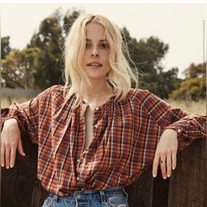 DOEN- THE JANE BLOUSE - BLUE AUTUMN PLAID - xs like new